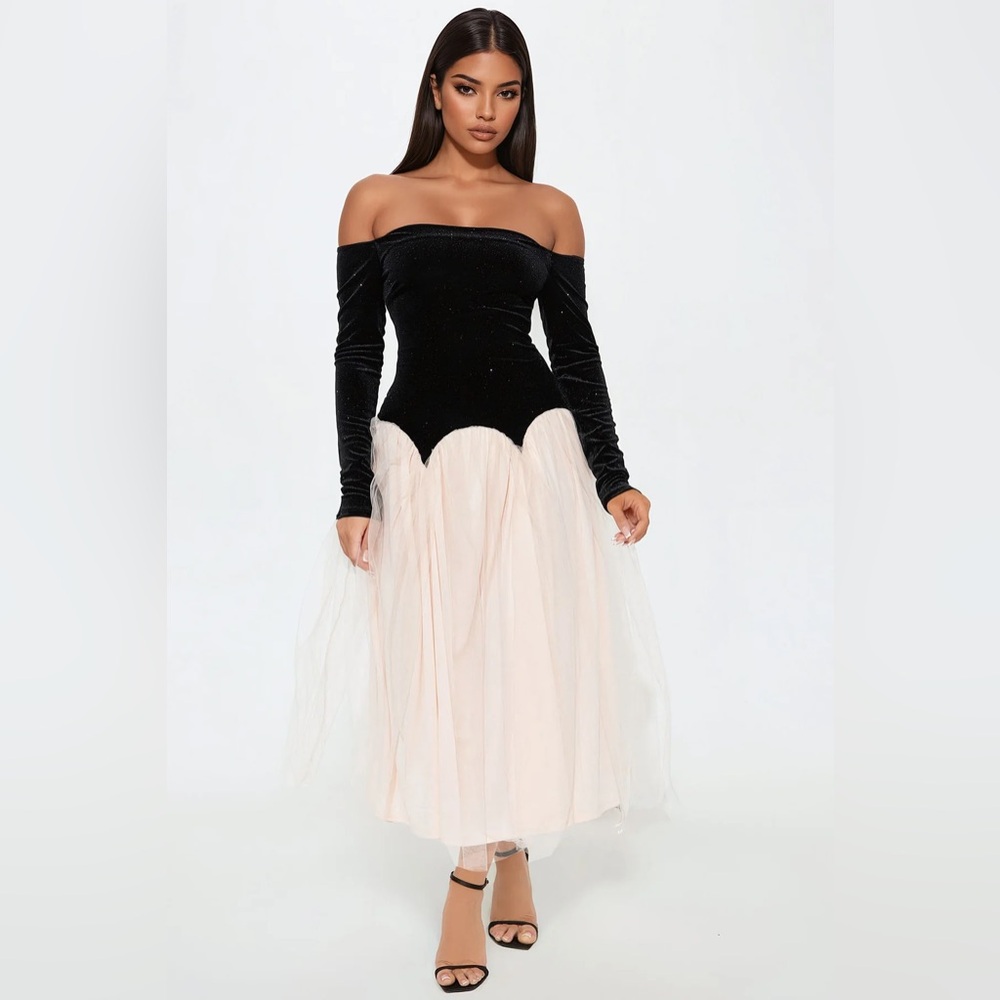 Crystaline Velvet Tulle Midi Dress - Black/Pink